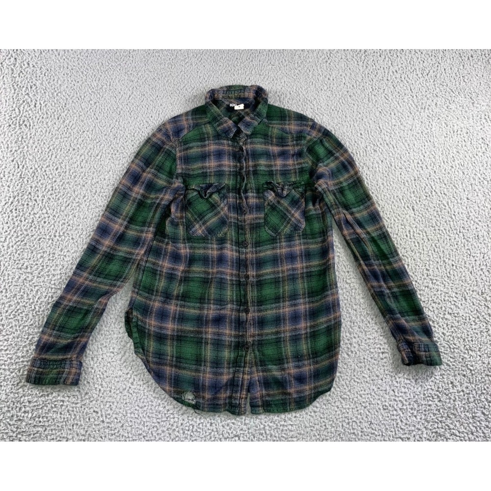 BDG Flannel Shirt Womens S Green Blue Plaid Long Sleeve Button Down‎ Distressed